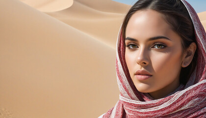 Woman in colorful scarf standing in desert. Creative design.