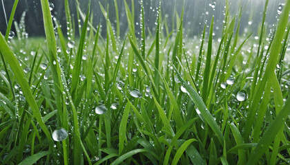 Fototapeta na wymiar Macro shot of dewy green grass, nature background
