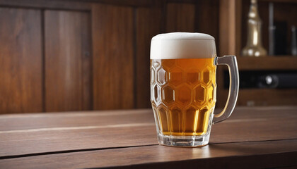 Empty beer glass on rustic table with room for text