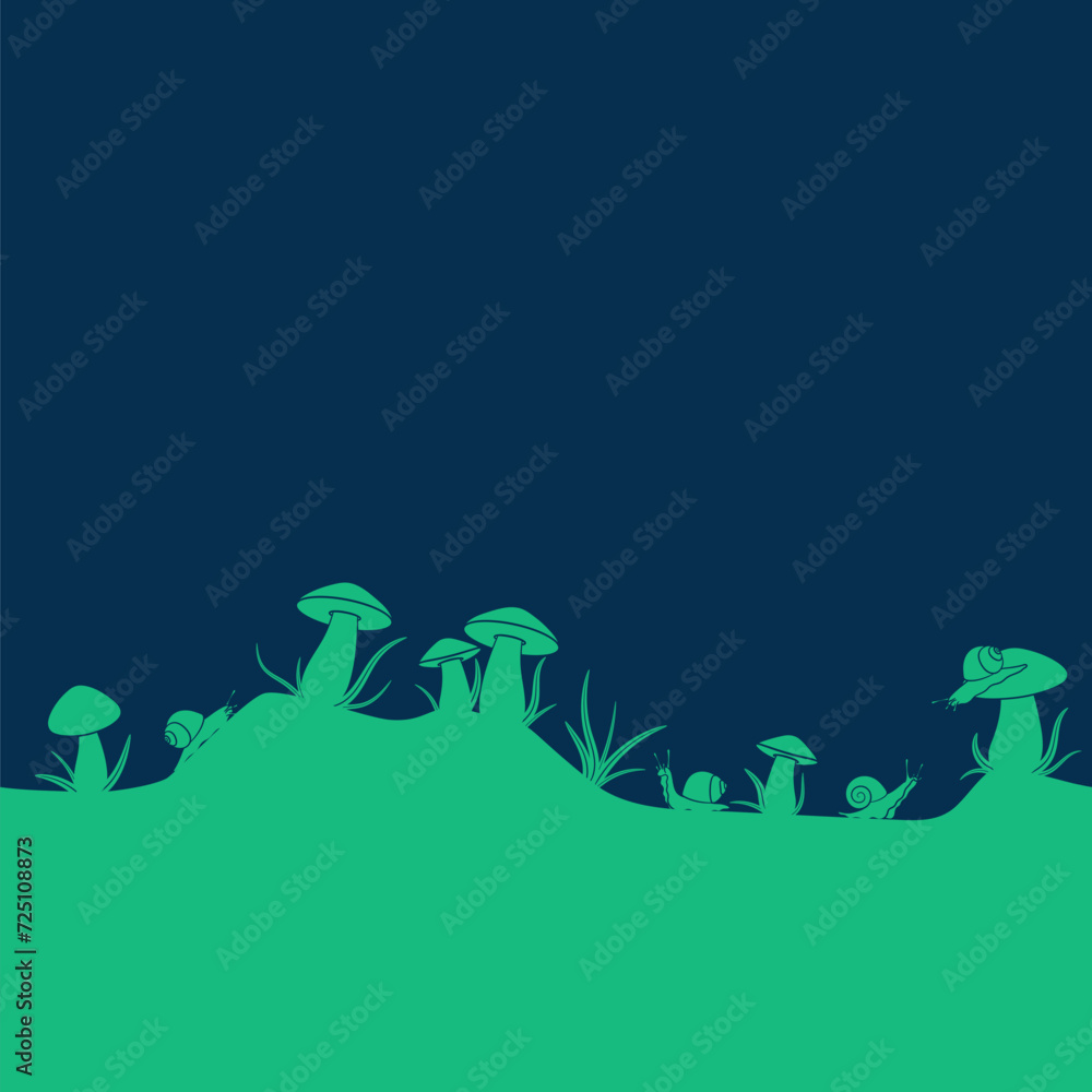 Poster horizontal seamless pattern with mushrooms and snails. color vector illustration with isolated objec