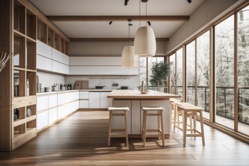 White toned wooden Japandi kitchen. Bamboo wallpaper, a parquet floor, and a beam ceiling. expansive windows. interior design that is minimal