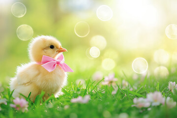 Adorable fluffy chick with pink bow in sunny grass with soft bokeh.