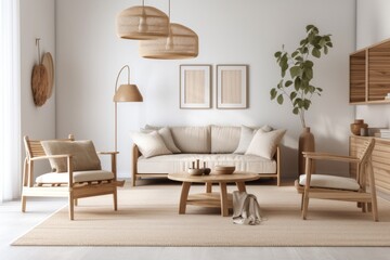 Fototapeta na wymiar Farmhouse wooden furniture in a bright beige interior background, a minimalist living room design,