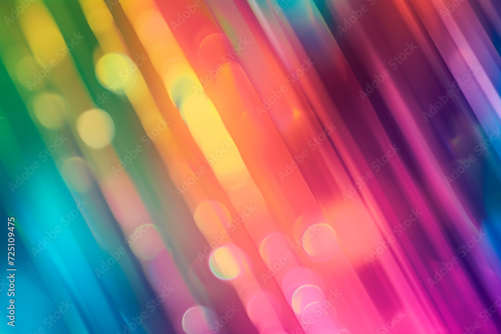 Poster bright colorful light streaks with bokeh in rainbow colors on a diagonal slant.