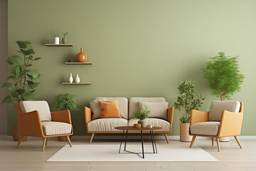 minimalistic studio room with sofa and armchairs in cool matcha colour, home plants