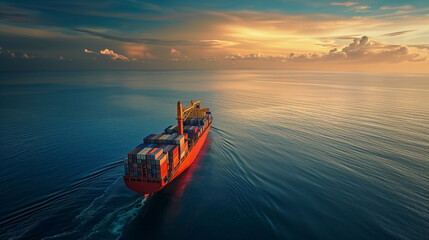 Obraz premium A big cargo ship carrying containers sails across a placid blue sea.