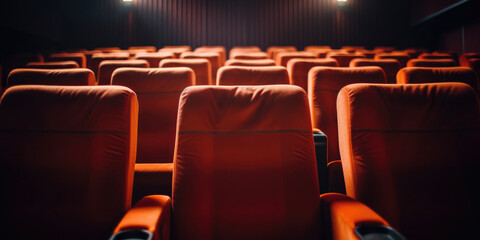 Obraz premium Close up Comfortable Soft Red Chairs in Empty Movie Cinema. Close up Red Seats in a Row. Generative AI