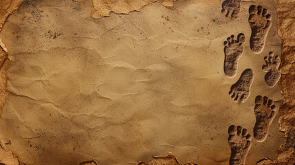 Footprints across a sandy texture, evoking a sense of journey. - obrazy, fototapety, plakaty