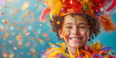 Children's carnival birthday. Joyful child in vibrant carnival costume with confetti.