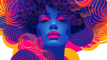 A woman with a colorful afro and curly hair in front of an abstract background, AI - obrazy, fototapety, plakaty