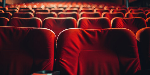 Warmly Lit Red Velvet Seats in an Intimate Movie Theater Setting. Close up view of Red Seats in Rows. Front View. Generative AI