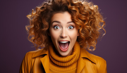Young woman with curly hair smiling, looking at camera with joy generated by AI