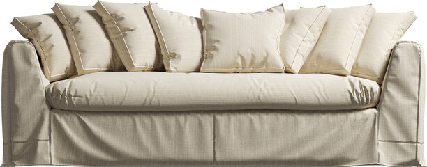 Front view of comfortable sand sofa with cushions