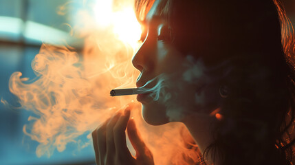 a woman smoking a cigarette with smoke coming out of her mouth - obrazy, fototapety, plakaty
