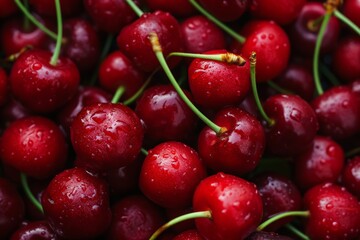 Close-up of fresh, dewy red cherries with droplets of water, densely packed and filling the frame.