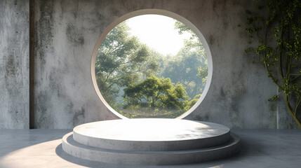 Modern Product Presentation in an Empty Concrete Room Overlooking Nature