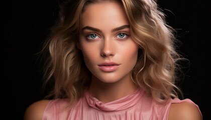 Naklejka premium Beautiful young woman with long blond hair, looking at camera generated by AI
