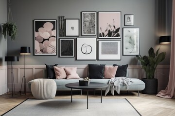 Presentation of a poster or photograph with a mock up poster gallery wall with seven frames in a room that is solid pastel black and silver and has furniture and plants