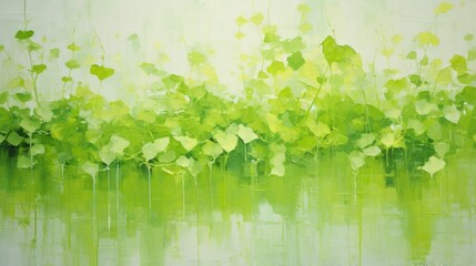 Oil painting of verdant plants with a light green backdrop. Abstract greenery. Natural background. Concept of nature, growth, freshness, abstract flora, spring vibrancy.