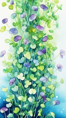 Watercolor green purple microgreens. Light background with aquarelle splashes. Concepts of urban gardening, nutritious sprouting, healthy lifestyle, grows, springtime, botanical art. Vertical