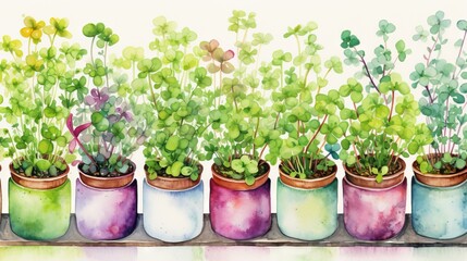 Watercolor microgreens in pots, pastel background with aquarelle splashes. Concept of urban gardening, nutritious sprouting, compact farming, healthy lifestyle, botanical art.