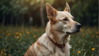 Portrait of a beautiful dog. Natural summer background. A cute pet.