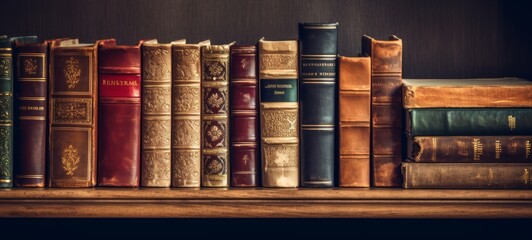 Rich collection of ornate, vintage leatherbound books lined up on a shelf. Concept of antiquarian books, classic literature, and home library aesthetics.