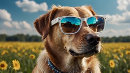 Portrait of a beautiful dog with stylish glasses. Natural summer background. A cute pet.