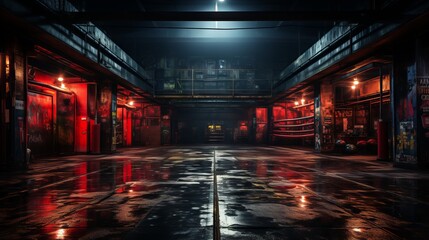 Dark atmospheric gym with red neon lights and glossy floor. Concept of gym, urban sports facility, moody lighting, and indoor athletics. Boxing gym