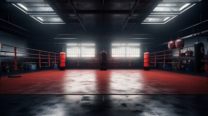 Illuminated empty boxing ring. Concept of sports, competition, boxing, combat sports, training Sessions