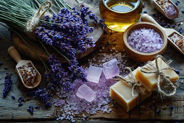 Fototapeta na wymiar Lavender, oil essence, handmade soap and sea salt on a wooden background.
