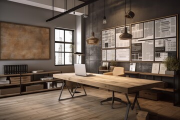 Fototapeta premium Interior of a workplace with wood planks, a table, and a horizontal poster on the wall. Concrete walls. Layout and mock up of a poster against a background of a home office