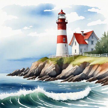 Watercolor painting of a lighthouse on a white background