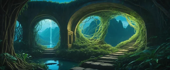 Fototapeten Surreal jungle scene with bioluminescent vines realistically intertwining with ancient stone arches, creating an otherworldly symphony of light. Illumination. © SR07XC3