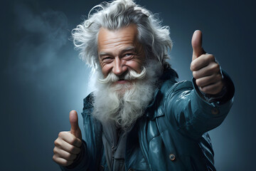 elderly fashionable bearded man showing thumb ok sign