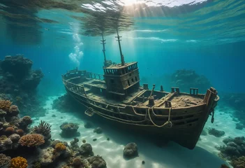 Fototapete Schiffswrack Fantasy underwater seascape with old shipwreck. Generative AI