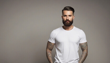 Obraz premium Stylish man with tattoos and beard in white t-shirt. Creative design technology.