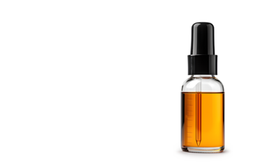 Bottle with glass with blank label isolated on white background. Serum oil in amber dropper bottle  with copy space.