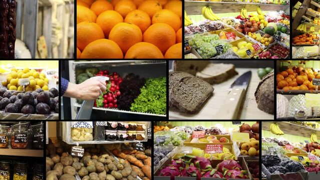Collage with fruit shop - bread, fruits, vegetables