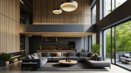 A Stylish and Contemporary Open Space Living Room with an Oak Acoustic Slat Wood Panel Wall and Floor-to-Ceiling Windows