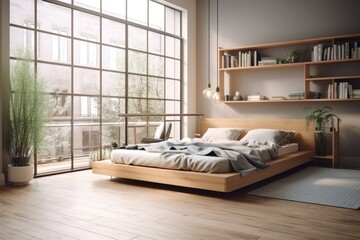 View from the side of a wooden living room with a fake bed frame and bedding. simple bedroom in light brown with bookcases. city view windows with no people