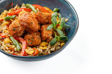 Hibachi rice with kimchi pork on a white background studio food photo 1