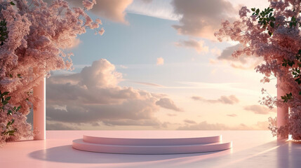 A Nature-Inspired Setting for Product Showcasing: A Serene Backdrop of a Dreamy Sky and Lush Forest Scenery