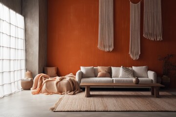 White and orange living room with a plaster wall done in the Wabi Sabi style. Minimalist macrame wall art and a cloth sofa. Interior design by Japandi,