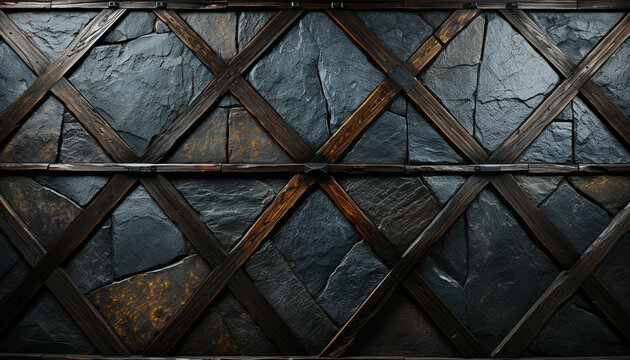 Old fashioned wood plank wall with rusty metal design generated by AI
