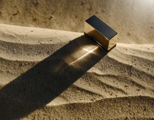 cosmetics lying in sand on desert, product photography, elegance, reflection, close up, background - Powered by Adobe