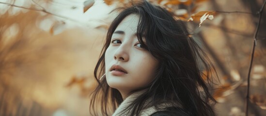 Young attractive Asian woman in autumn forest, a portrait of a hipster with a romantic vibe.
