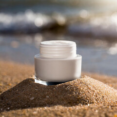 cosmetics lying in sand next to sea, close up, product photography, elegance, reflection, background