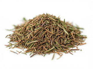 Heap of dried Rosemary close up isolated on white background -