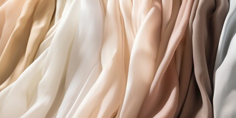 Soft Draped Fabrics In A Warm Palette Of Cream, Tan, And Beige. Luxury Satin Textile. Generative AI